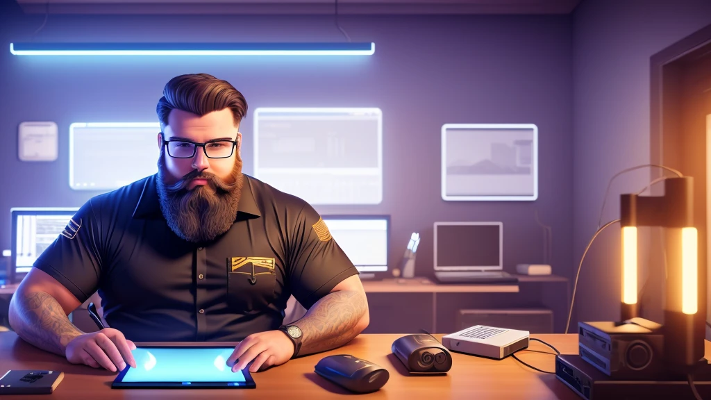 max , a macho big geek , with a hipo beard sitting at a table with a laptop and a microphone, unsplash, realism, , in a streamer studio room, neon ambiance , looking to camera, portrait shot 8 k, photo portrait, looking towards the camera , ultra detail, high resolution, ultra detailed, best quality, amazing, top quality, extremely detailed CG unity 8k wallpaper, cinematic lighting.