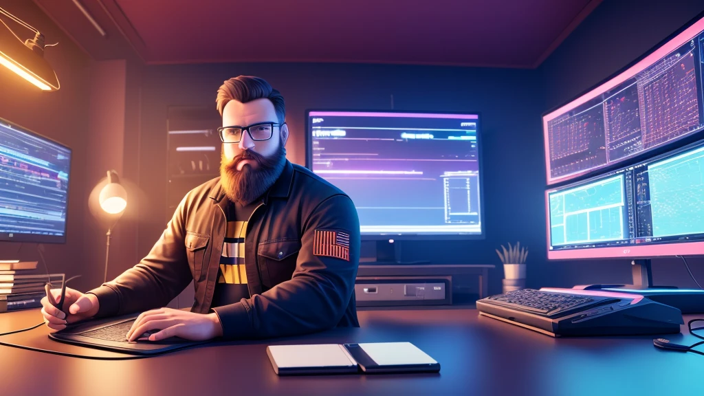 max , a macho big geek , with a hipo beard sitting at a table with a laptop and a microphone, unsplash, realism, , in a streamer studio room, neon ambiance , looking to camera, portrait shot 8 k, photo portrait, looking towards the camera , ultra detail, high resolution, ultra detailed, best quality, amazing, top quality, extremely detailed CG unity 8k wallpaper, cinematic lighting.
