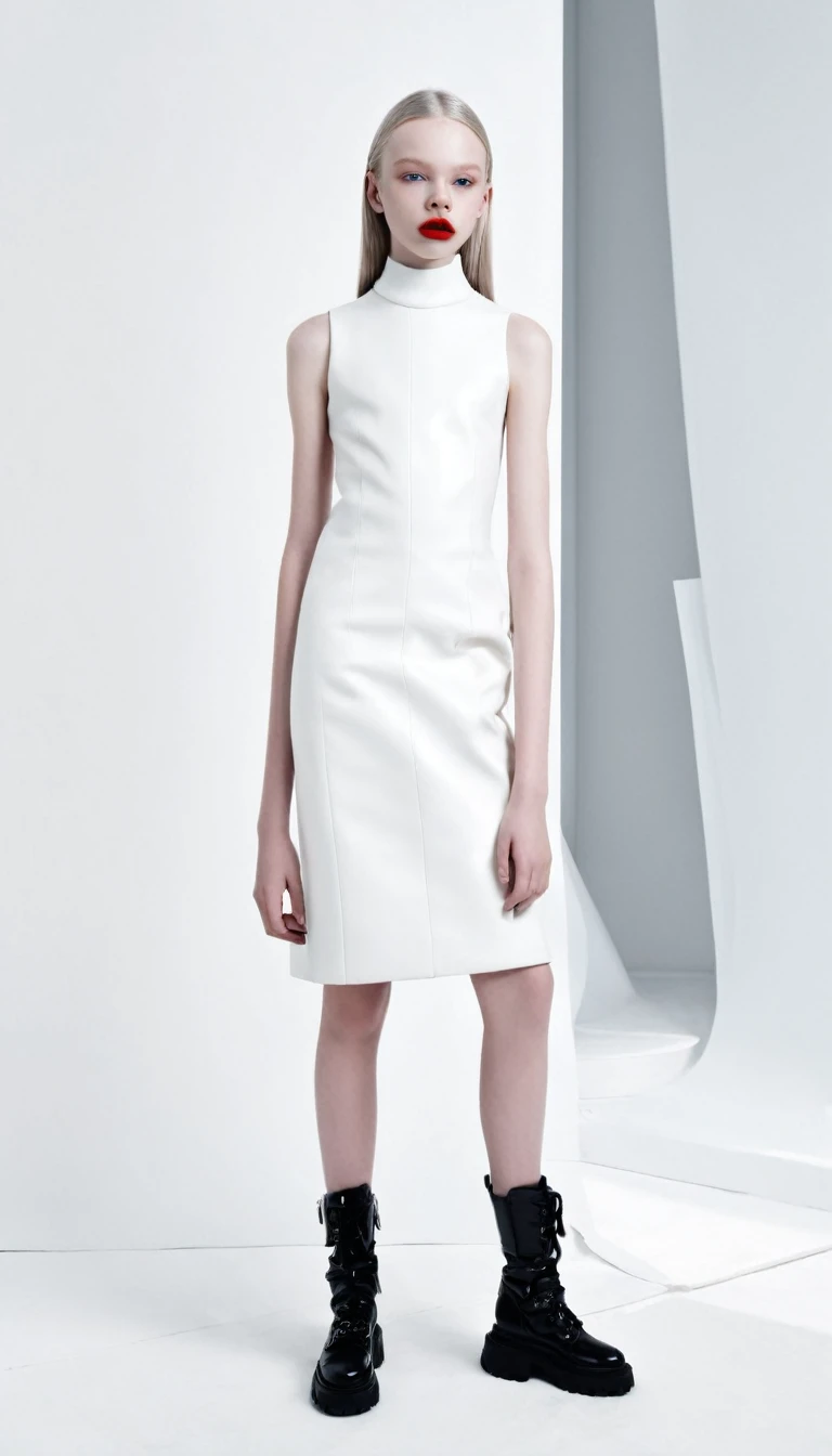 fashion full length photo, 11 years old girl balenciaga mode, with lips apart, ultra white pale skin, light black color, artistic photo, professional photo, perfect cinematic light, full lips, different sides photo