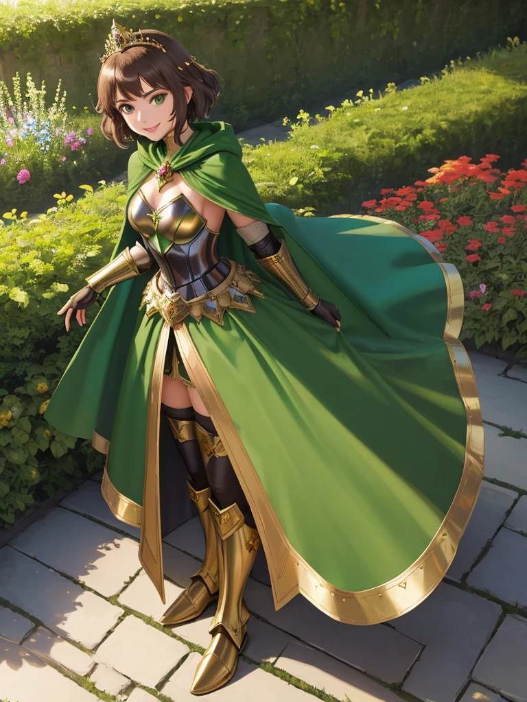 masterpiece, best quality:1.2), 1girl, smile, looking at viewer, green eyes, short brown hair, princess, armor, , pauldrons, armored dress, green cloak cape, wearing puffy blue ballgown skirt, golden tiara with green gem, armored boots, fingerless gloves, standing in medieval garden