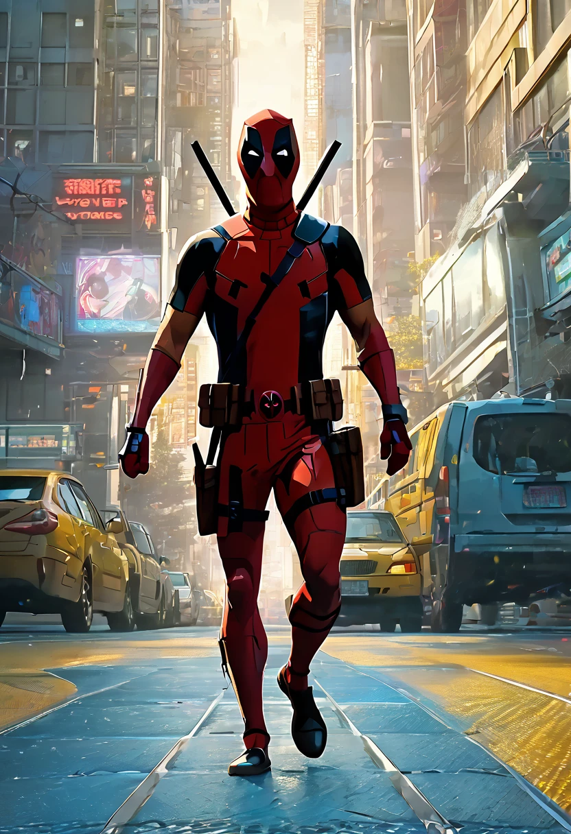 (Masterpiece artwork, 8K, uhd, high resolution: 1.4), Dynamic portrayal of Deadpool and Wolverine in Spider-Verse style, (stylized and vibrant features: 1.3), (Deadpool in red and black costume, ironic and expressive pose: 1.2), (Wolverine in classic yellow and blue costume, extended adamantium claws: 1.2), (comic animation elements, with hand-drawn textures and shadows: 1.2), (background with colorful and energetic urban scenery: 1.1), (action and comedy atmosphere: 1.3), Intricate, vibrant details, (fantasy and adventure elements: 1.2), (dynamic and captivating perspective: 1.3)