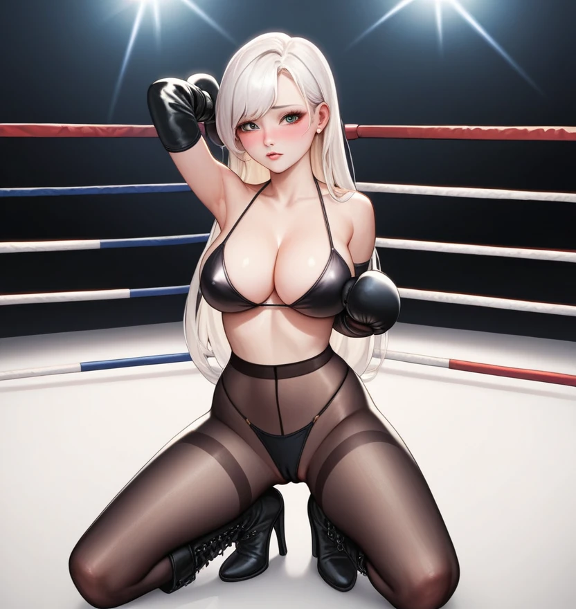 korean beautifull girl，18 years old,Pretty Face，Good shape，detailed picture, Shy expression， blush，White long hair, Wear a bikini，Wear black pantyhose，high-heel boots, Wearing black boxing gloves，Black sleeves on arms, Kneeling in a sexy pose on the boxing ring，Large Breasts,Cleavage,Long legs，Thin waist，nipple，Camel toe