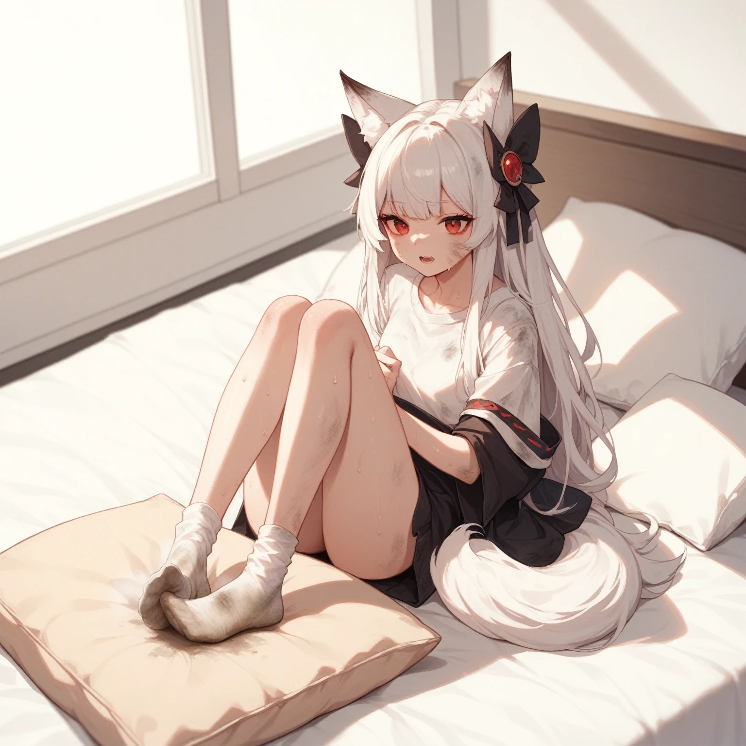 1 girl,dirty,foot,foot底,Red Eyes,,Long hair,White hair,,foot趾,foot部焦点,Looking at the audience,sit,Sweat,open mouth,dirty foot,Keep,indoor,Pillow,Bangs,White knee socks,Fox ears,There'foot的泥土,White clothes,kimono,Japanese style,dirtyPillow,dirty床,女孩周围堆满Pillow,女孩踩踏2着Pillow,大量Pillow,Pillow上肮脏,,(Deluxe Rococo Canopy King Bed),On a big and spacious bed,(),,,,Luxurious curtains with ornate ruffles and ribbons surround the bed,((((There are many pillows piled on the bed)))),Detail of Quilt,Detailed bed sheets