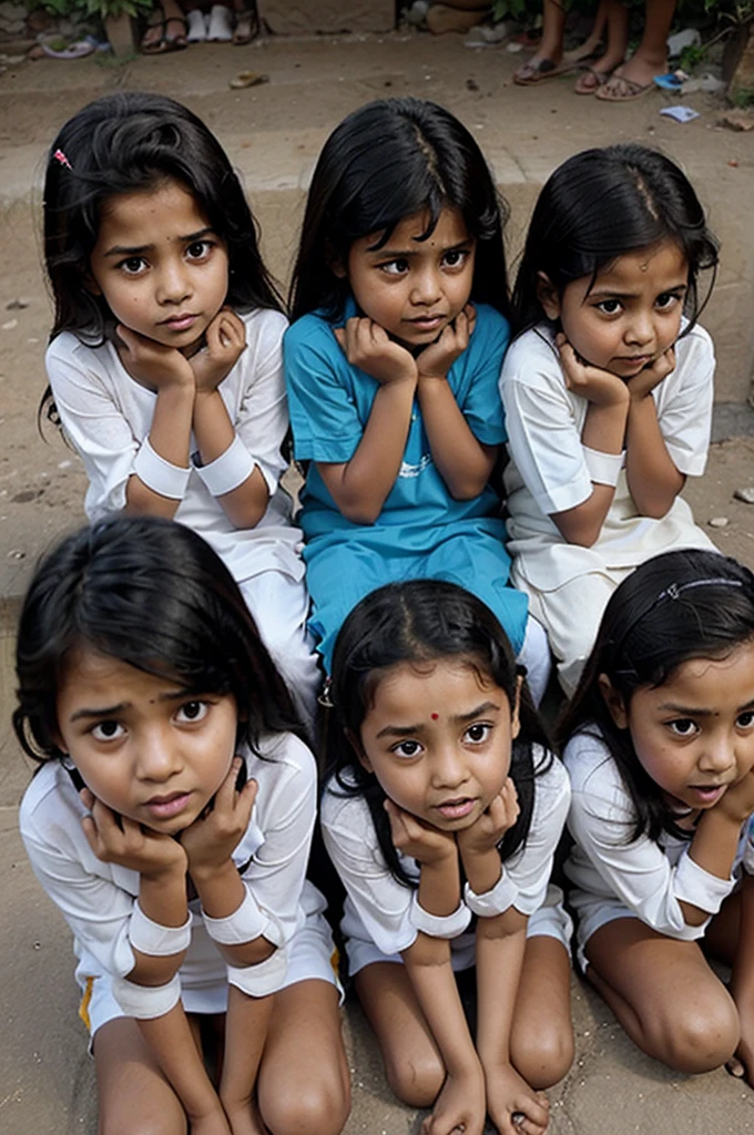 cartoon style Four or five Pakistani children are sitting on the ground and crying in a row, there is a lot of punishment behind them