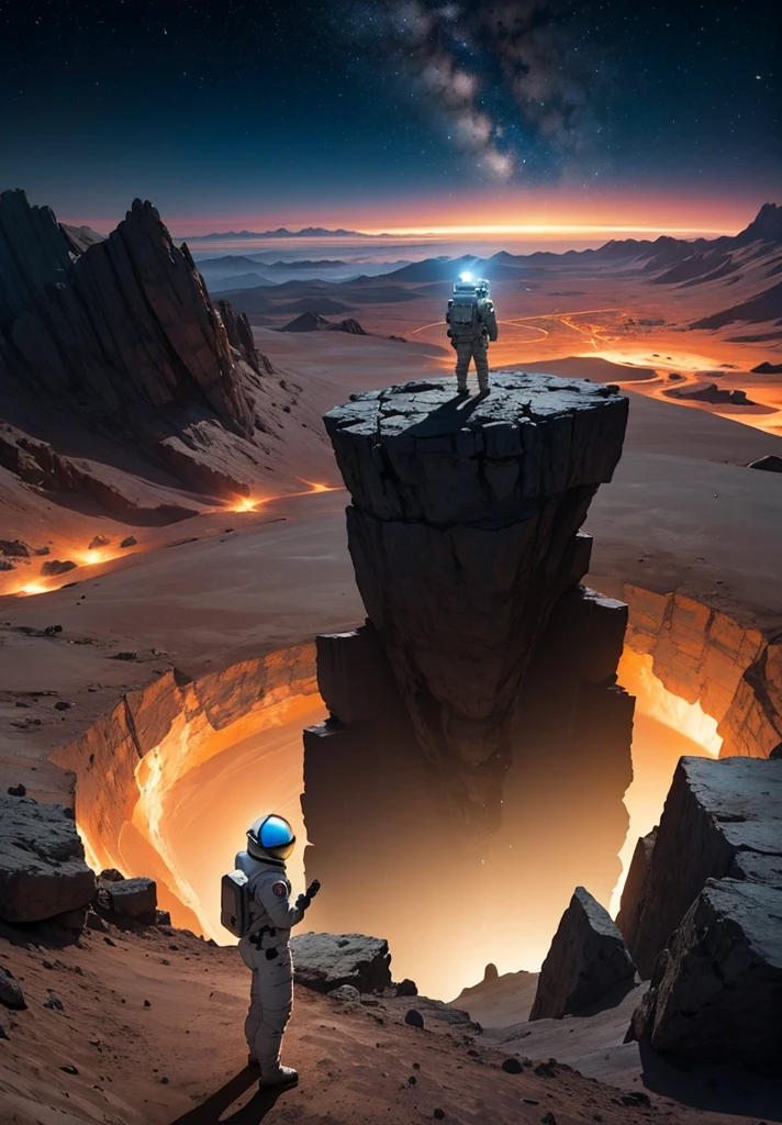 An astronaut stands on the edge of a vast cliff, peering down into an enormous, deep crater that stretches out before them. The Martian night sky is filled with countless stars, casting a gentle glow over the barren, rocky terrain. The depth of the crater is immense, disappearing into darkness, creating a sense of awe and wonder. Jagged rocks and steep slopes surround the scene, with the distant Martian mountains silhouetted against the starry sky. The astronaut's suit is faintly illuminated by their helmet lights, highlighting the surreal beauty of the Martian night.