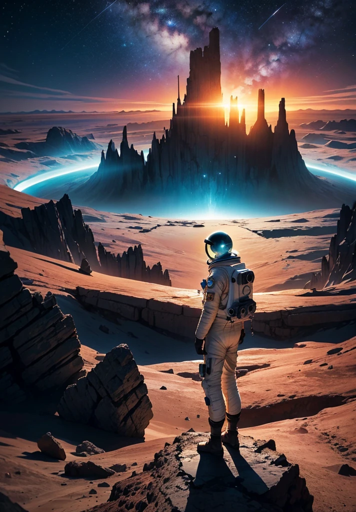 An astronaut stands on the edge of a vast cliff, peering down into an enormous, deep crater that stretches out before them. The Martian night sky is filled with countless stars, casting a gentle glow over the barren, rocky terrain. The depth of the crater is immense, disappearing into darkness, creating a sense of awe and wonder. Jagged rocks and steep slopes surround the scene, with the distant Martian mountains silhouetted against the starry sky. The astronaut's suit is faintly illuminated by their helmet lights, highlighting the surreal beauty of the Martian night.