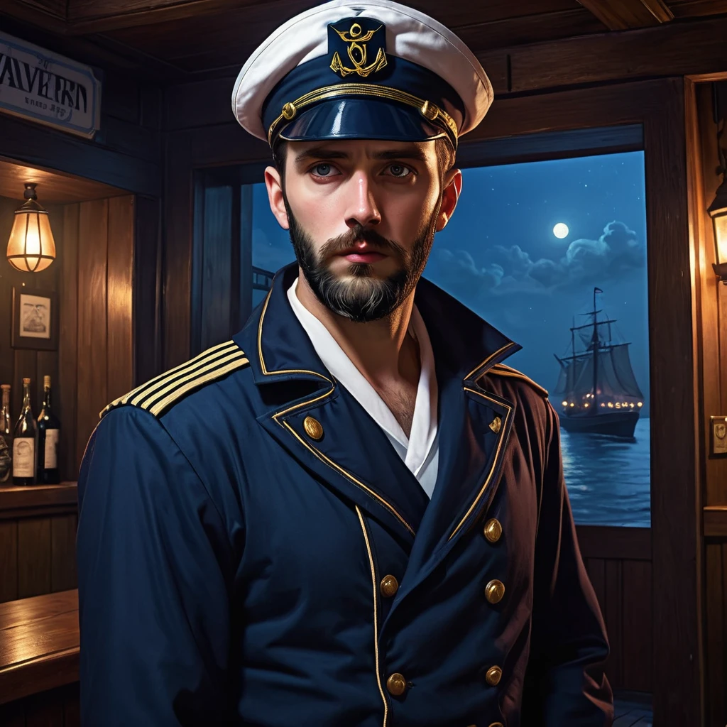 handsome man, trimmed beard, charismatic, mysterious, worried look, dressed as a sailor, sailor's jacket, sailor's cap, at night, enters the entrance of a tavern, three quarter face, lovecraft art