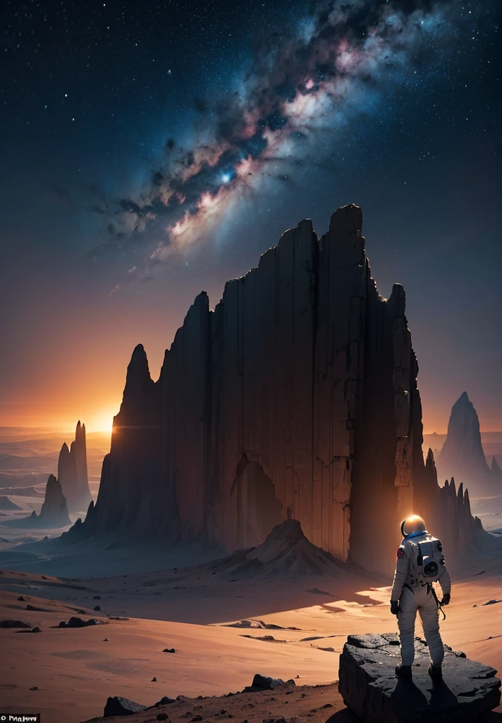 Create a painting of an astronaut on Mars at night, with a backdrop of towering mountains silhouetted against the starry sky. Include intricate details of rocks scattered across the Martian terrain, capturing the serene yet otherworldly beauty of the Red Planet.