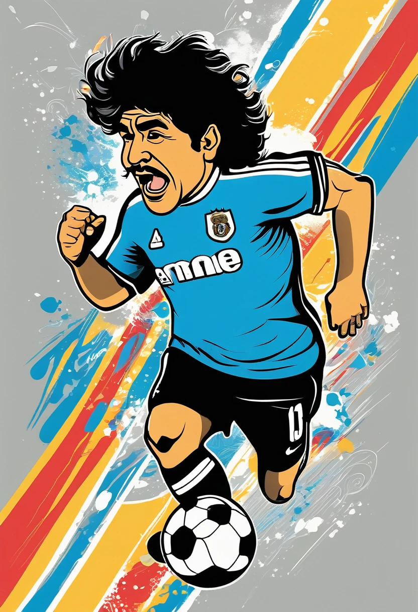 A vector design for a t-shirt, with a Diego Maradona featuring elements of [[man with football] in the style of hyper-detailed illustrations with a colorful, 
cartoonish style in high resolution using [gray] colors and hard edge lines, along with swirling details and high contrast