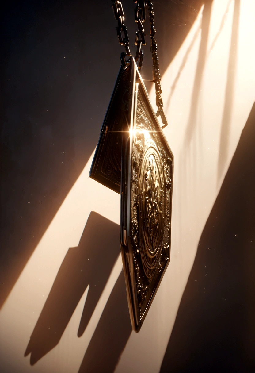 a bronze metal identification plate suspended by a chain, highly detailed, intricate, gleaming metallic surface, delicate chain links, dramatic lighting, shadows and highlights, photorealistic, cinematic composition, 8k, professional rendering, exquisite detail