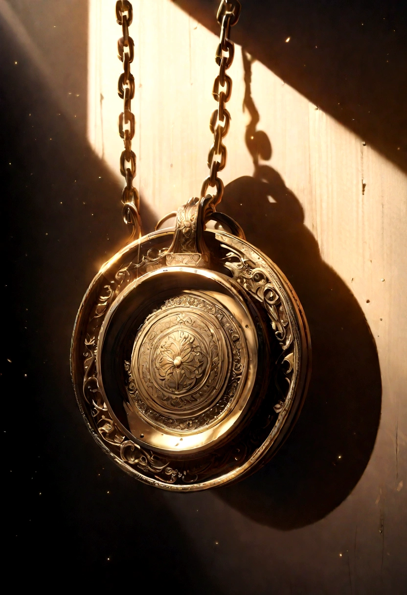 a bronze metal identification plate suspended by a chain, highly detailed, intricate, gleaming metallic surface, delicate chain links, dramatic lighting, shadows and highlights, photorealistic, cinematic composition, 8k, professional rendering, exquisite detail