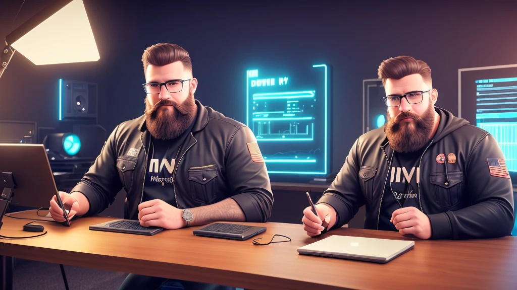 max , a macho big geek , with a hipo beard sitting at a table with a laptop and a microphone, unsplash, realism, , in a streamer studio room, neon ambiance , looking to camera, portrait shot 8 k, photo portrait, looking towards the camera , ultra detail, high resolution, ultra detailed, best quality, amazing, top quality, extremely detailed CG unity 8k wallpaper, cinematic lighting.