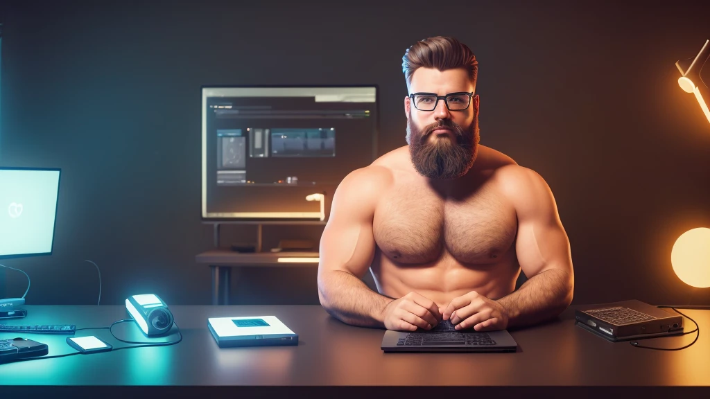 max , a macho big geek , with a hipo beard sitting at a table with a laptop and a microphone, unsplash, realism, , in a streamer studio room, neon ambiance , looking to camera, portrait shot 8 k, photo portrait, looking towards the camera , ultra detail, high resolution, ultra detailed, best quality, amazing, top quality, extremely detailed CG unity 8k wallpaper, cinematic lighting.
