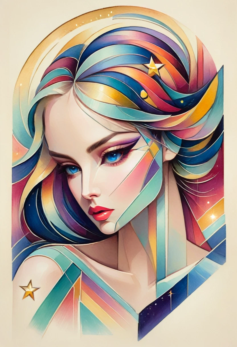 (best quality,actual,high resolution:1.2),pastel tones, painting,Impressionist strokes,from cubism, Fauvism to Surrealism and Abstraction, Beautiful and delicate eyes of a woman,Beautiful and delicate lips,flowing hair, Their artistic concepts and patterns are reflected in the clothing design.starry sky background