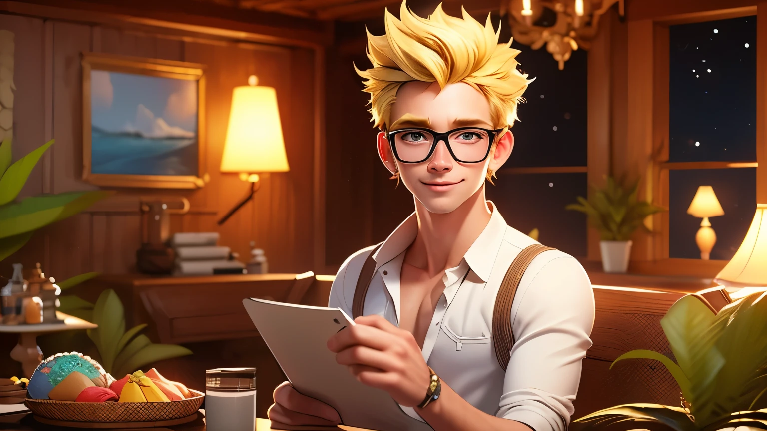 Jake , a blond model of 20 years old , wearing a suite and glasses, happy and excited model , on a holiday , villa in bali beach , ultra detail, high resolution, ultra detailed, best quality, amazing, top quality, extremely detailed CG unity 8k wallpaper, cinematic lighting.
