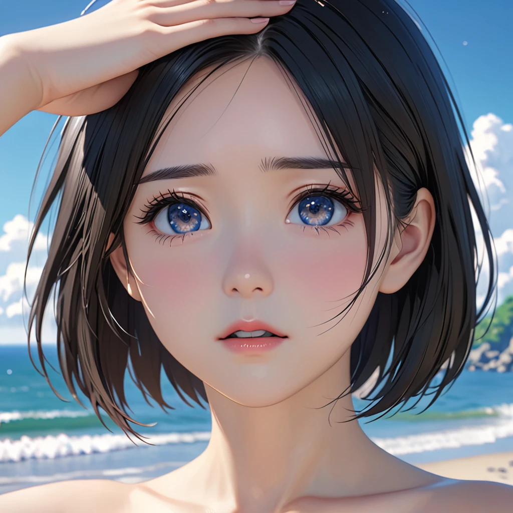 National Science Foundation,masterpiece,High resolution,8K,Art,digit,Three-dimensional,Realism,Kyoto Animation Style,your name movie style,cute,baby face,looking into camera,On the scenic seaside,(1 girl: 1.3),(alone: 1.4),Upper body nudity,Put your hands behind your head,Black hair,Long eyelashes,Slender legs,Short Bob,Close-up of upper body,Close-up,(Close up),Eyes as deep as the starry sky,shy,pain,sad,Awkward,open mouth