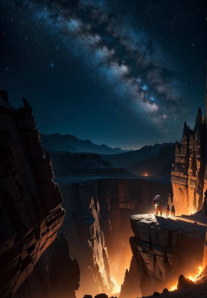 An astronaut stands on the edge of a vast cliff, peering down into an enormous, deep crater that stretches out before them. The Martian night sky is filled with countless stars, casting a gentle glow over the barren, rocky terrain. The depth of the crater is immense, disappearing into darkness, creating a sense of awe and wonder. Jagged rocks and steep slopes surround the scene, with the distant Martian mountains silhouetted against the starry sky. The astronaut's suit is faintly illuminated by their helmet lights, highlighting the surreal beauty of the Martian night.