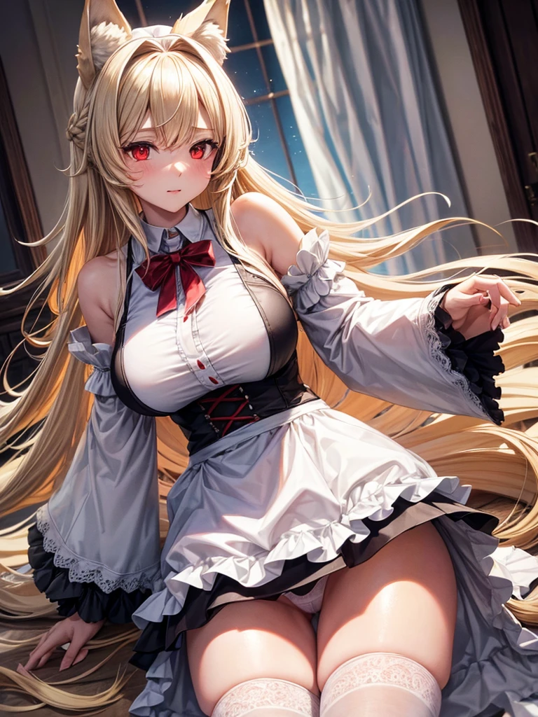 Female wolf, wears short maid clothes showing her panties, has long fluffy blonde hair, has red eyes, has large breasts, He has wolf ears and a wolf tail.