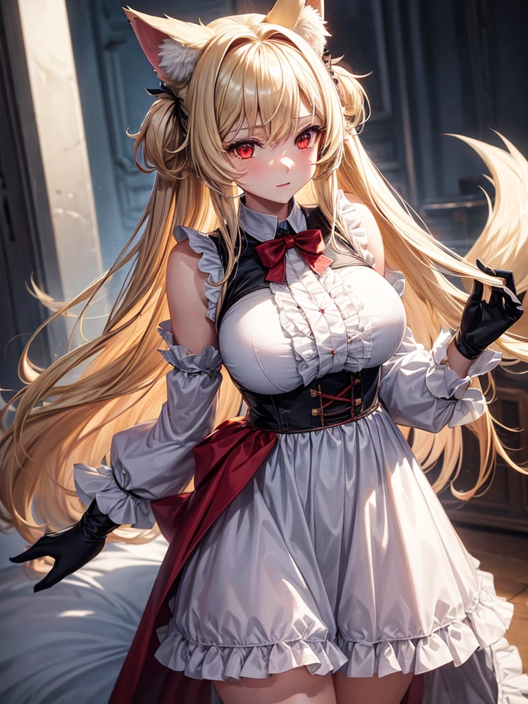 Female wolf, wears short maid clothes showing her panties, has long fluffy blonde hair, has red eyes, has large breasts, He has wolf ears and a wolf tail.