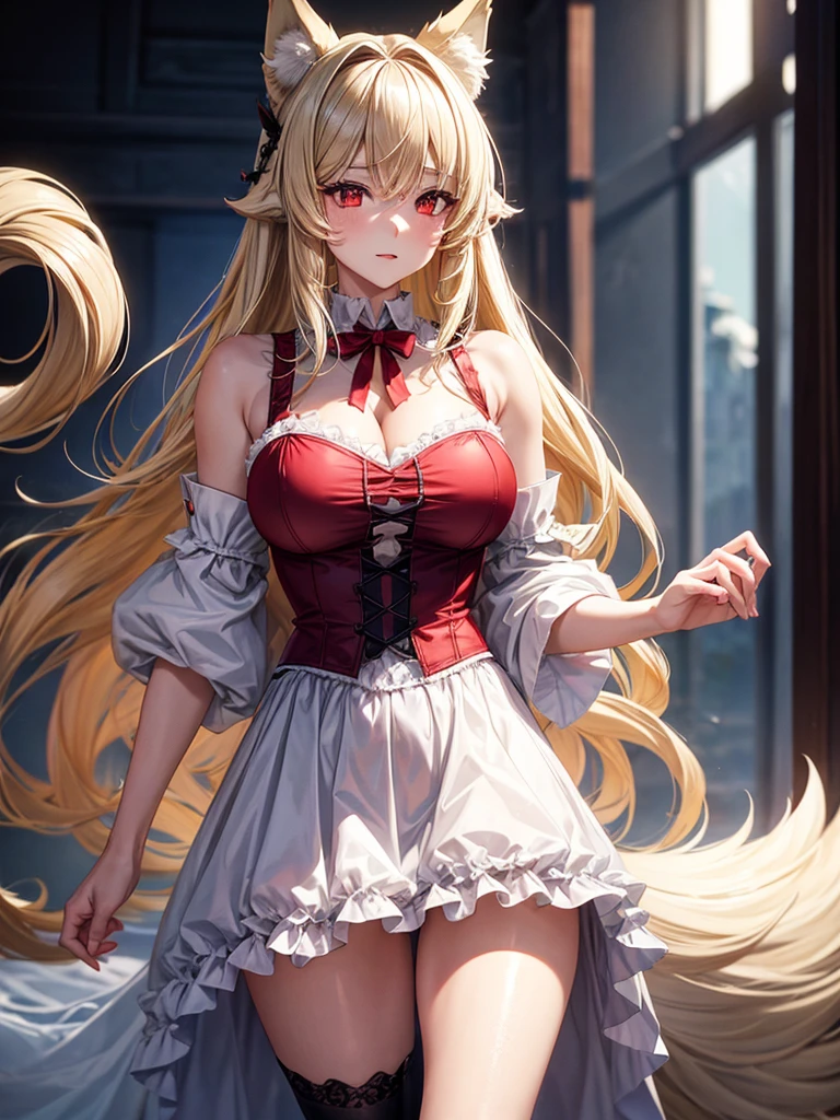 ((Masterpiece, Super High Quality, High Definition, Ultra High Definition 8K Quality)), (((one beautiful girl in red and black ruffled saloon girl costume))), skinny, (((slim body, very large breasts and beautiful hips)), narrow waist, 8k, caravette, brothel, (((shining blue eyes, long blonde hair))), A seductive smile, garter belt,
