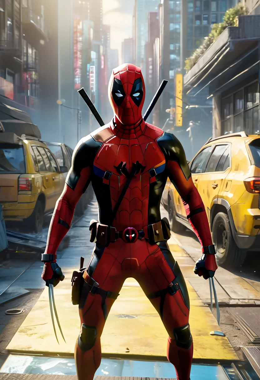 (Masterpiece artwork, 8K, uhd, high resolution: 1.4), Dynamic portrayal of Deadpool and Wolverine in Spider-Verse style, (stylized and vibrant features: 1.3), (Deadpool in red and black costume, ironic and expressive pose: 1.2), (Wolverine in classic yellow and blue costume, extended adamantium claws: 1.2), (comic animation elements, with hand-drawn textures and shadows: 1.2), (background with colorful and energetic urban scenery: 1.1), (action and comedy atmosphere: 1.3), Intricate, vibrant details, (fantasy and adventure elements: 1.2), (dynamic and captivating perspective: 1.3)