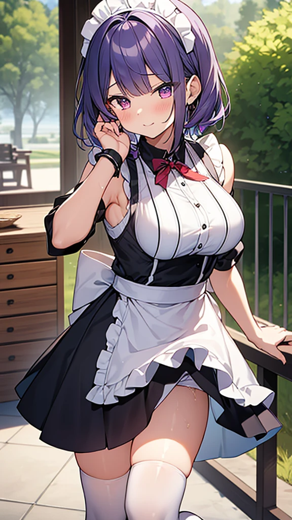 最high quality, high quality, Super detailed, 32k, Ultra-detailed details, waitress(only, Standing, pretty girl, beautiful purple hair, short hair, Beautiful RED eyes, mature, Big Breasts, A light smile, Off-the-shoulder sleeveless Summer メイド服, Summer casual maid clothes, Short skirt, Blue and white color striped underwear, Black knee socks, loafers, My crotch is wet with love juice, 18-year-old,cute), {{ウェイトレスに化けてるサキュバスはターゲットの妹がtoiletに入ったのを確認して後を追いtoiletで妹を襲って妹の顔を剥がして妹の顔を貼り付けて妹の顔になったウェイトレスのサキュバス}}, She has transformed from a shy maid into a lewd one., A maid with her sister&#39;s face stuck on her face is vigorously pistoning her body, A maid who moves her body vigorously without caring if her breasts bounce, Super detailed, toilet, Full body image, ((Head to Toe:1.3)), NSFW