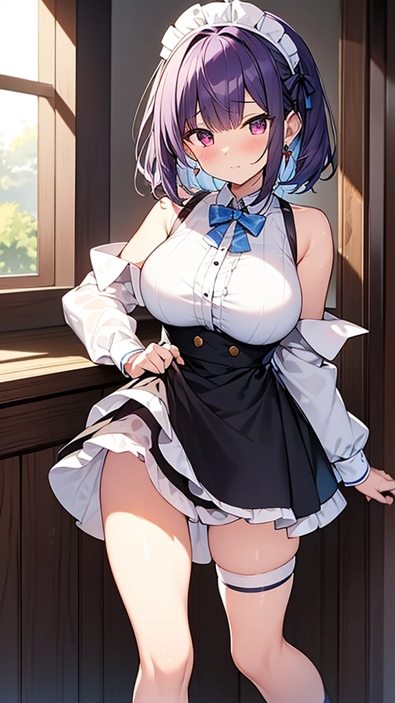 最high quality, high quality, Super detailed, 32k, Ultra-detailed details, waitress(only, Standing, pretty girl, beautiful purple hair, short hair, Beautiful RED eyes, mature, Big Breasts, A light smile, Off-the-shoulder sleeveless Summer メイド服, Summer casual maid clothes, Short skirt, Blue and white color striped underwear, Black knee socks, loafers, My crotch is wet with love juice, 18-year-old,cute), {{ウェイトレスに化けてるサキュバスはターゲットの妹がtoiletに入ったのを確認して後を追いtoiletで妹を襲って妹の顔を剥がして妹の顔を貼り付けて妹の顔になったウェイトレスのサキュバス}}, She has transformed from a shy maid into a lewd one., A maid with her sister's face stuck on her face is vigorously pistoning her body, A maid who moves her body vigorously without caring if her breasts bounce, Super detailed, toilet, Full body image, ((Head to Toe:1.3)), NSFW