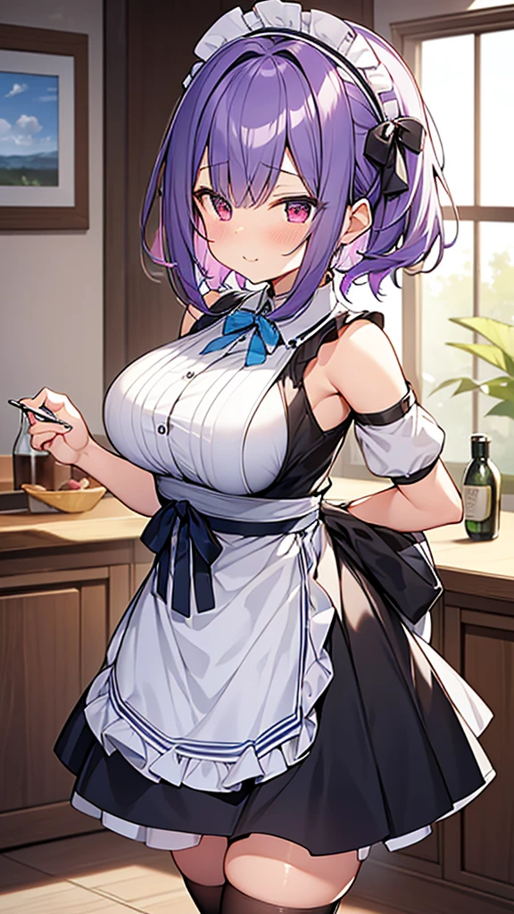 最high quality, high quality, Super detailed, 32k, Ultra-detailed details, waitress(only, Standing, pretty girl, beautiful purple hair, short hair, Beautiful RED eyes, mature, Big Breasts, A light smile, Off-the-shoulder sleeveless Summer メイド服, Summer casual maid clothes, Short skirt, Blue and white color striped underwear, Black knee socks, loafers, My crotch is wet with love juice, 18-year-old,cute), {{ウェイトレスに化けてるサキュバスはターゲットの妹がtoiletに入ったのを確認して後を追いtoiletで妹を襲って妹の顔を剥がして妹の顔を貼り付けて妹の顔になったウェイトレスのサキュバス}}, She has transformed from a shy maid into a lewd one., A maid with her sister&#39;s face stuck on her face is vigorously pistoning her body, A maid who moves her body vigorously without caring if her breasts bounce, Super detailed, toilet, Full body image, ((Head to Toe:1.3)), NSFW
