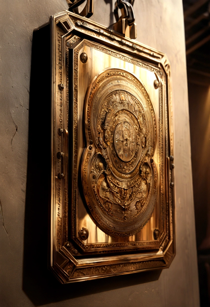 a highly detailed bronze metal identification plate, smooth rectangular shape suspended by a metal chain, front view, intricate fine details, photorealistic, 8k, hyper realistic, studio lighting, masterpiece, precision engineering, metallic reflections, warm golden tones, expertly crafted, polished surface, aged patina texture, shallow depth of field, seamless composition