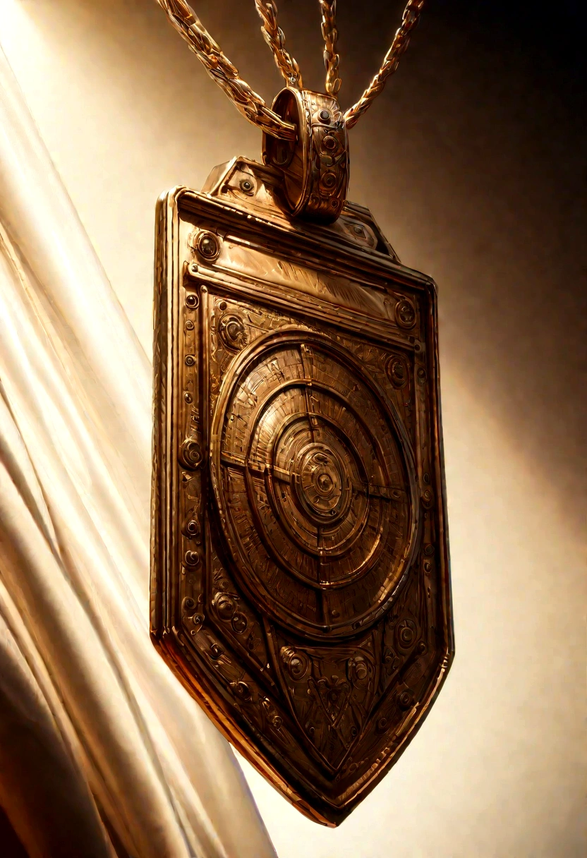 a highly detailed bronze metal identification plate, smooth rectangular shape suspended by a metal chain, front view, intricate fine details, photorealistic, 8k, hyper realistic, studio lighting, masterpiece, precision engineering, metallic reflections, warm golden tones, expertly crafted, polished surface, aged patina texture, shallow depth of field, seamless composition