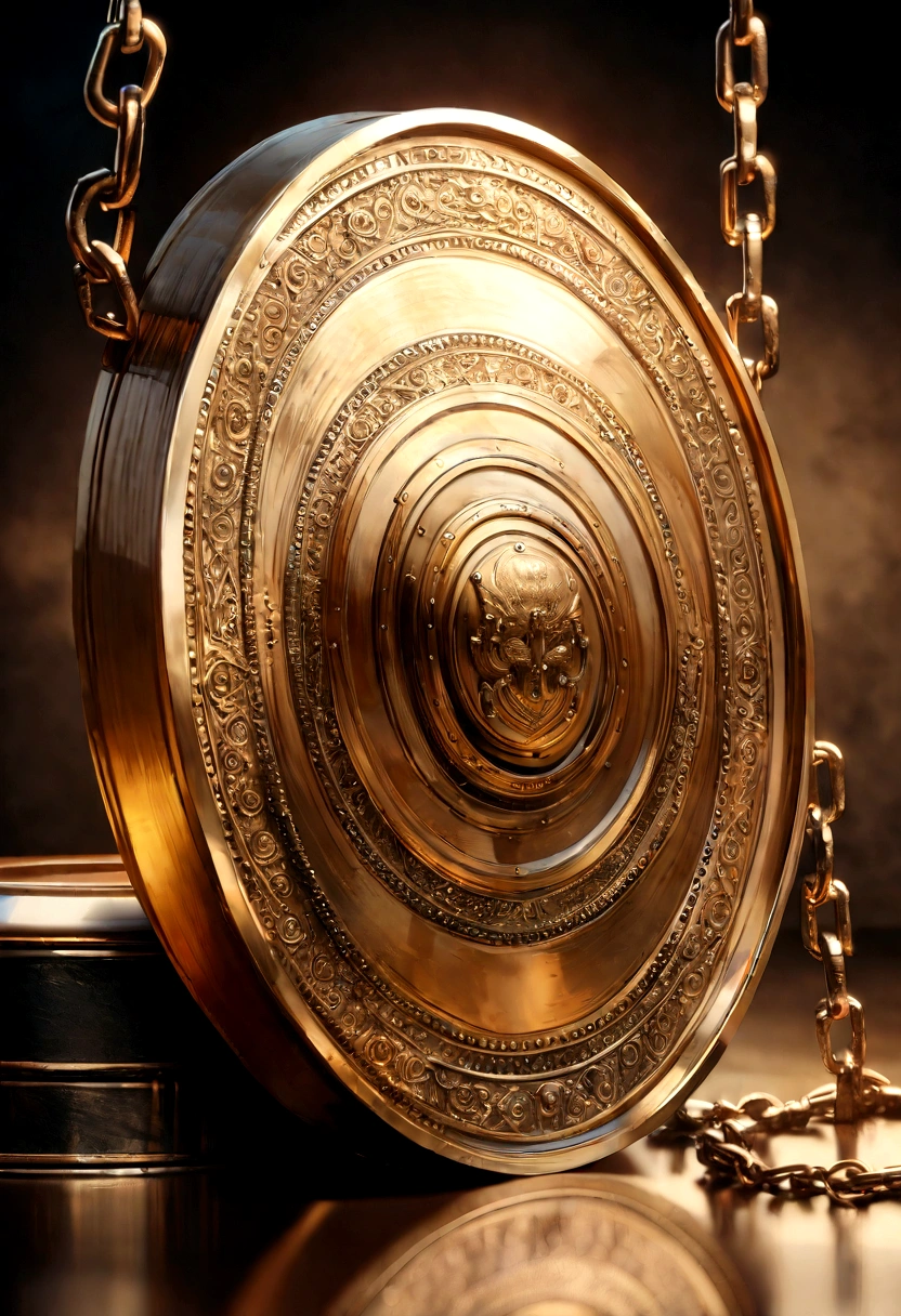 a highly detailed bronze metal identification plate, smooth rectangular shape suspended by a metal chain, front view, intricate fine details, photorealistic, 8k, hyper realistic, studio lighting, masterpiece, precision engineering, metallic reflections, warm golden tones, expertly crafted, polished surface, aged patina texture, shallow depth of field, seamless composition