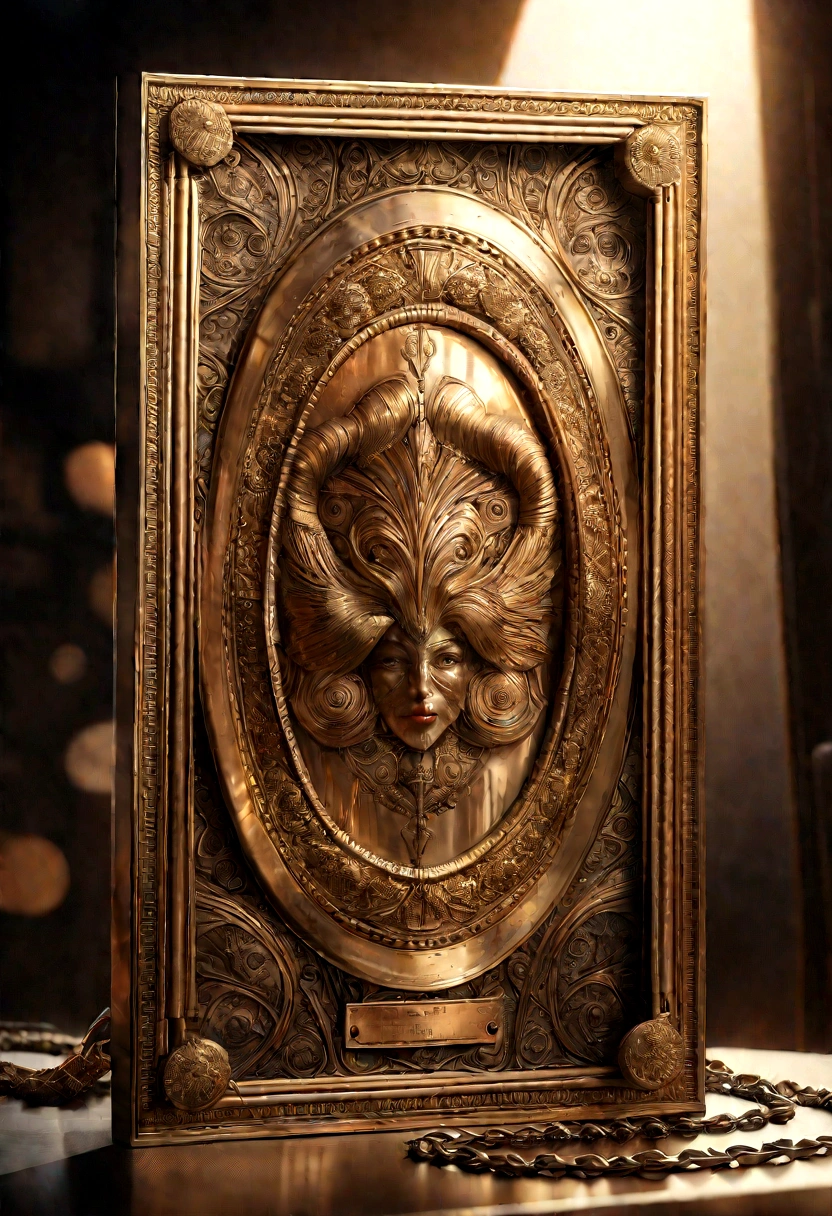 a highly detailed bronze metal identification plate, smooth rectangular shape suspended by a metal chain, front view, intricate fine details, photorealistic, 8k, hyper realistic, studio lighting, masterpiece, precision engineering, metallic reflections, warm golden tones, expertly crafted, polished surface, aged patina texture, shallow depth of field, seamless composition