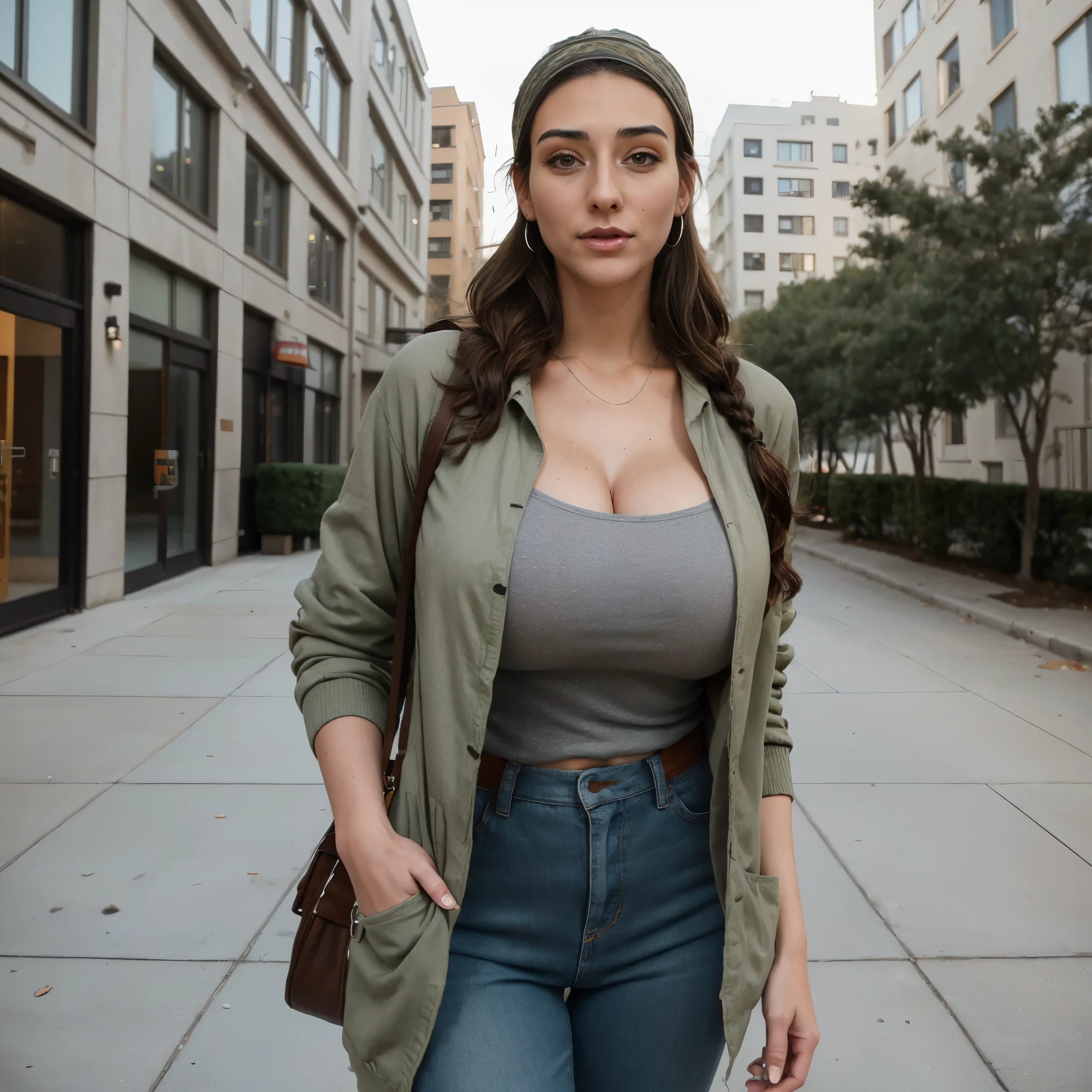 Extremely busty thin and toned brunette photographer, college girl, fair skin, loose side braid, soft face, athletic, bandana babushka headwrap, tight olive green casual windbreaker, skinny jeans. standing in front of her apartment building, outdoors, city, camera bag, cleavage