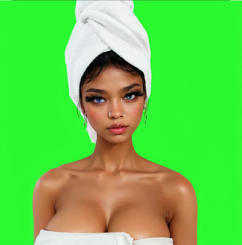 nose ring, big breast, no smile, towel head, towel, ebony black girl, beautiful, blue eyes