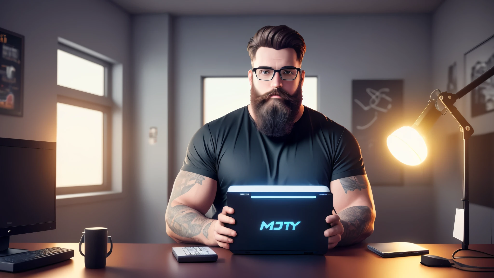 max , a macho big geek , with a hipo beard sitting at a table with a laptop and a microphone, unsplash, realism, , in a streamer studio room, neon ambiance , looking to camera, portrait shot 8 k, photo portrait, looking towards the camera , ultra detail, high resolution, ultra detailed, best quality, amazing, top quality, extremely detailed CG unity 8k wallpaper, cinematic lighting.
