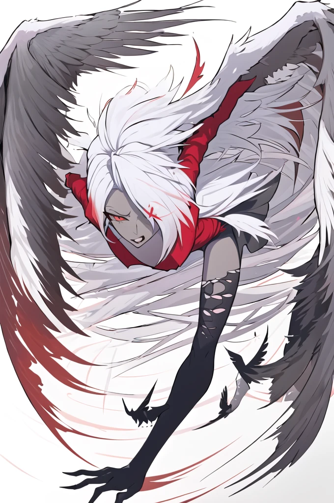 Vaggie, beautiful, dynamic wings and landing pose, solo, perfect anatomy, red shirt, black skirt, white hair, looking at viewer, upper body, white background