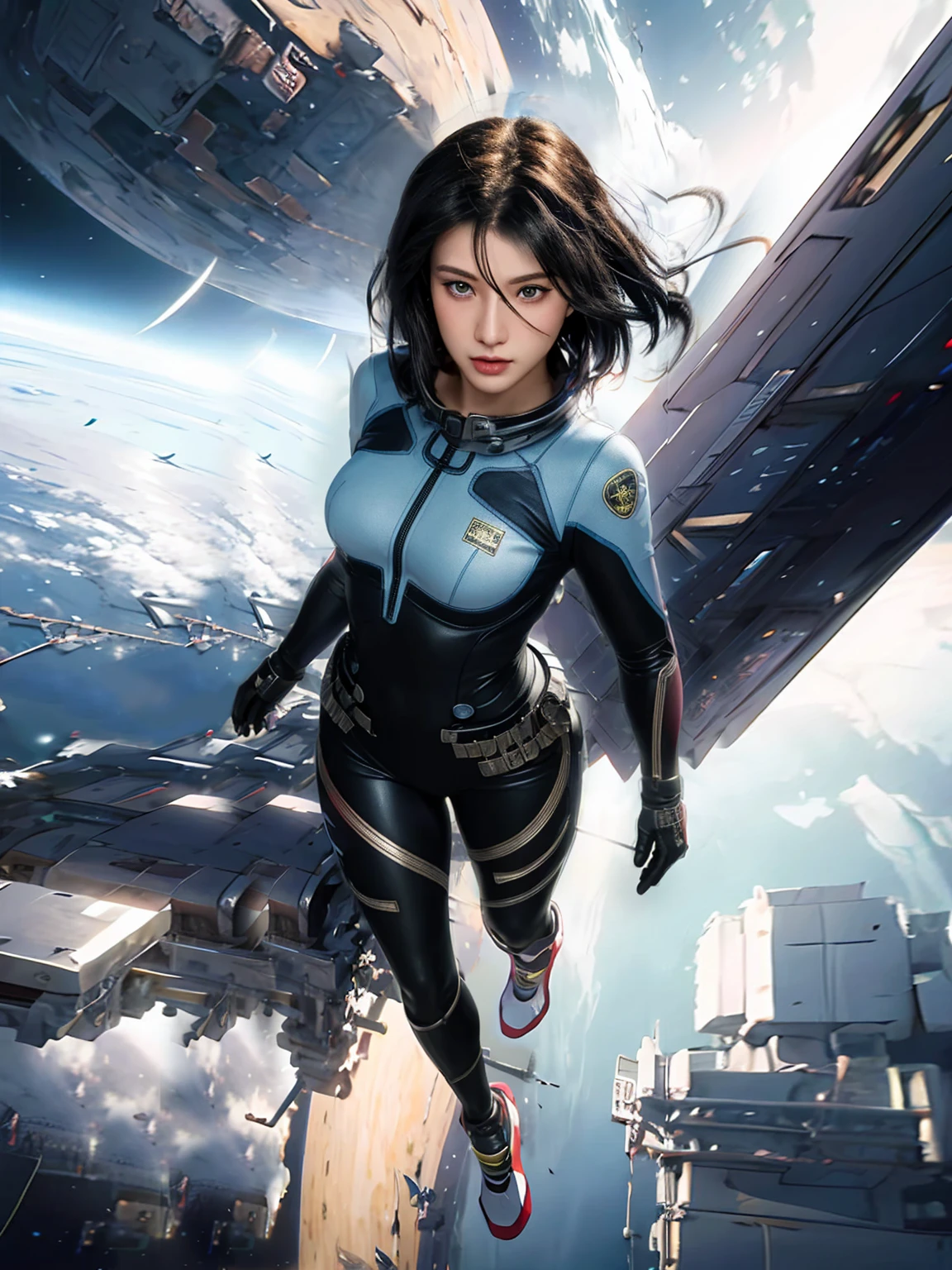 arafed woman in a futuristic suit flying over a city, scifi woman, portrait anime space cadet girl, inspired by Leng Mei, artgerm julie bell beeple, artgerm jsc, sci-fi female, beautiful sci fi art, inspired by Marek Okon, alena aenami and artgerm, sci fi female character