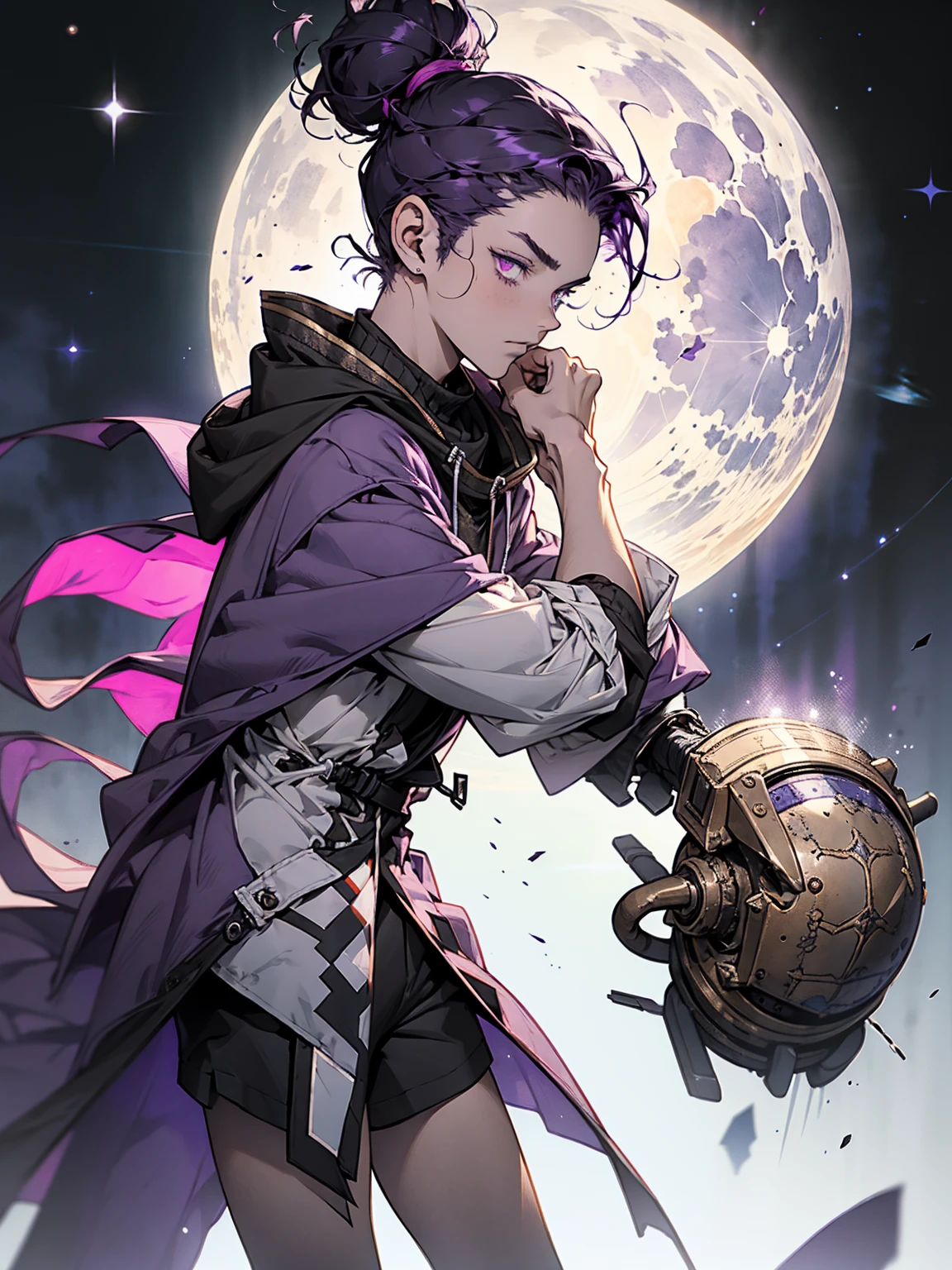 boy. thoughtful look. open forehead. black and purple hair tied in a bun on the left side to one side. winding black horns wrapped in white ribbon. white violet eyes. in short dark purple shorts. long white T-shirt. dark purple knee-high socks. dark purple long cloak inside white with hood, moonlight and stars , background – Solar system, Flying pages