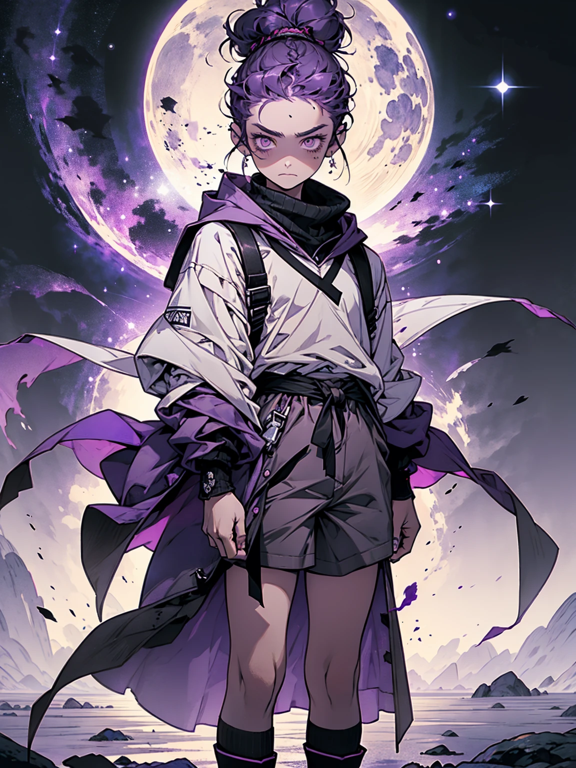 boy. thoughtful look. open forehead. black and purple hair tied in a bun on the left side to one side. winding black horns wrapped in white ribbon. white violet eyes. in short dark purple shorts. long white T-shirt. dark purple knee-high socks. dark purple long cloak inside white with hood, moonlight and stars , background – Solar system, Flying pages