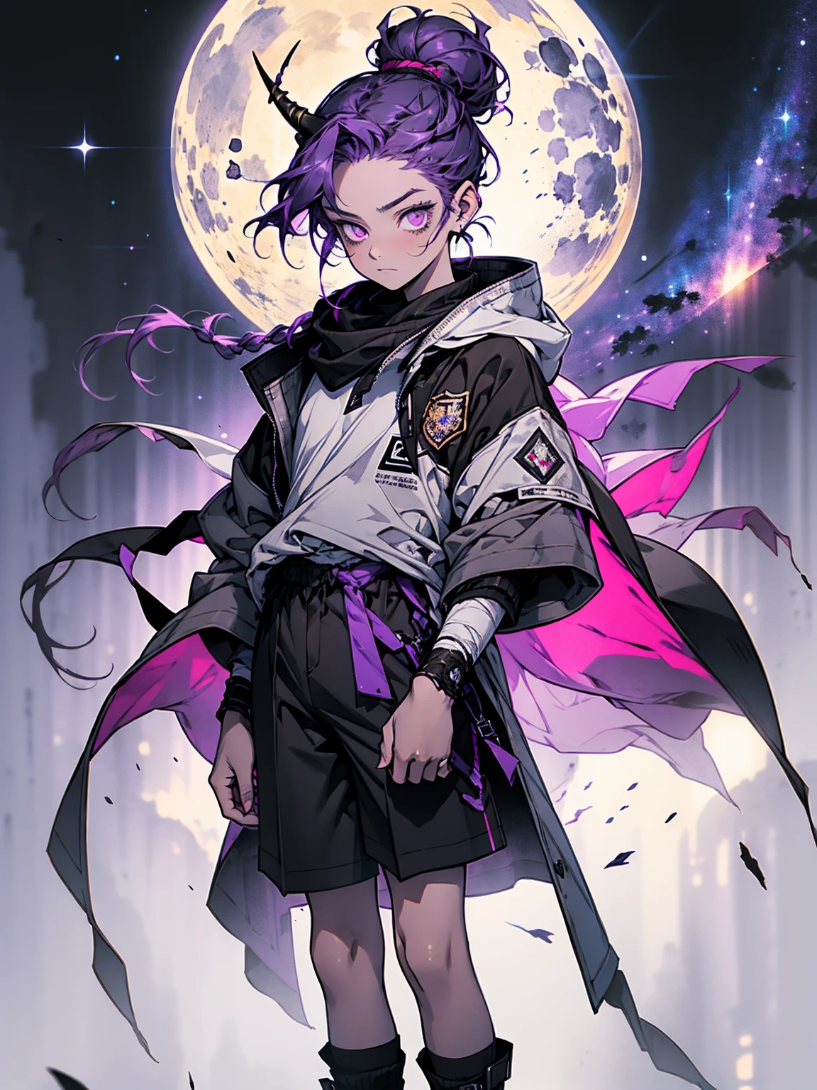 boy. thoughtful look. open forehead. black and purple hair tied in a bun on the left side to one side. winding black horns wrapped in white ribbon. white violet eyes. in short dark purple shorts. long white T-shirt. dark purple knee-high socks. dark purple long cloak inside white with hood, moonlight and stars , background – Solar system, Flying pages