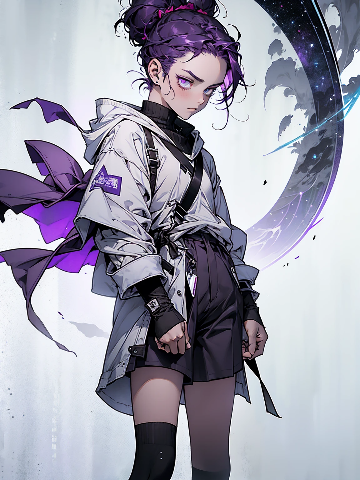 boy. thoughtful look. open forehead. black and purple hair tied in a bun on the left side to one side. winding black horns wrapped in white ribbon. white violet eyes. in short dark purple shorts. long white T-shirt. dark purple knee-high socks. dark purple long cloak inside white with hood, moonlight and stars , background – Solar system, Flying pages