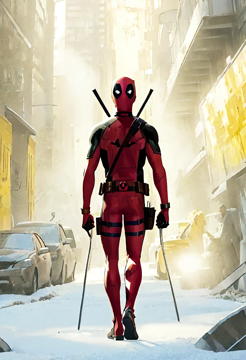(Masterpiece artwork, 8K, uhd, high resolution: 1.4), Dynamic portrayal of Deadpool and Wolverine in Spider-Verse style, (stylized and vibrant features: 1.3), (Deadpool in red and black costume, ironic and expressive pose: 1.2), (Wolverine in classic yellow and blue costume, extended adamantium claws: 1.2), (comic animation elements, with hand-drawn textures and shadows: 1.2), (background with colorful and energetic urban scenery: 1.1), (action and comedy atmosphere: 1.3), Intricate, vibrant details, (fantasy and adventure elements: 1.2), (dynamic and captivating perspective: 1.3)