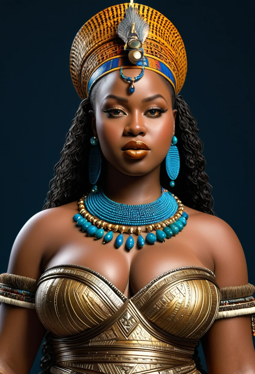 a highly detailed, realistic representation of Queen Nzinga, thick figure, curvy, voluptuous, attractive, gorgeous, beautiful, queen, African warrior attire, adorned with tribal jewelry and a striking expression, skin pores, skin texture, 