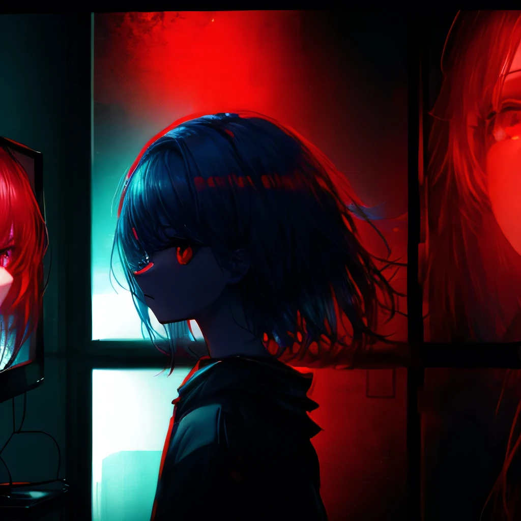 masterpiece, 1 girl, upper body, upclose, girl infront, looks at the viewer, Eyes in TV, Monitors with eyes in background, in doors, red eyes, blood, long blue hair, blue hair, many details, back facing viewer, head turned to look at viewer, emotionless, dim room, only light from tv monitors, monitors with eyes, Many screens showing different things, 1 girl in a screen, detailed eyes in the other screens, well lit, blood on hair, blood dripping from eyes, eyes with crosses in them, pale skin, seperate monitors, emotionless face, glowing eyes, long hair, white hair, eyes split in half, detailed, neon eyes, beautiful eyes, cool eyes, large monitor screen displaying beautiful eyes in background, girl in the center, silhouette of a girl in the center, red lighting, red eyes, blood, detailed, glowing, dim room, lighting from screens, massive screens displaying giant girl in the background , long hair,in a cinema room, dim lighting, bright lighting, red eyes, girl on screen panel, eyes in screen panels, long red hair, bright red hair, long hair, hair glowing, well lit, detailed, detailed lighting, well lit hair, well lit face, looking at viewer, dim room, screen monitor panels, monitors with girl in them, emotionless expression, eye in monitor screen, lots of monitor panels, sectioned panels, glowing eyes, red eyes,