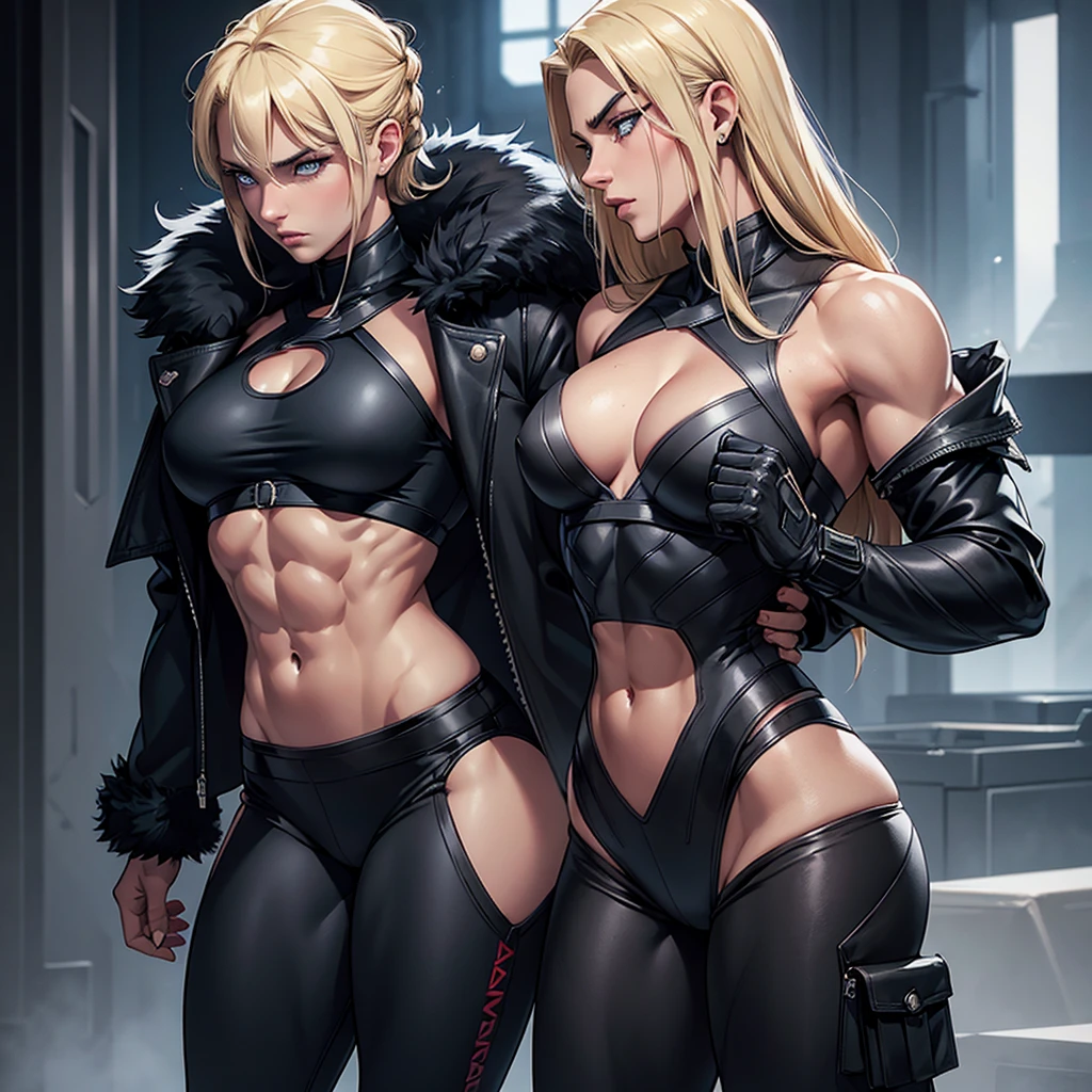 Woman, blonde, Russian, blue eye, musclegirl, stark, abs, cropped rosa, black pants, black fur jacket, broad shoulder, bíceps grande stark, stark, long