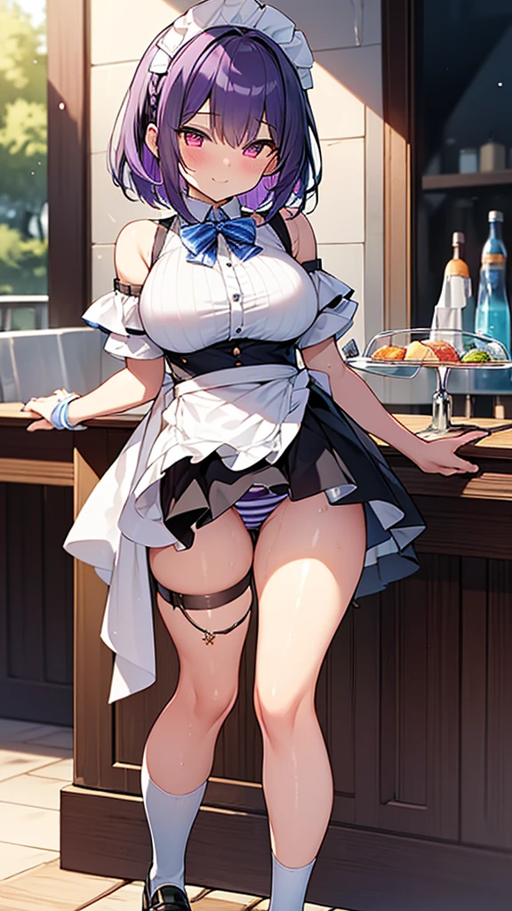 最high quality, high quality, Super detailed, 32k, Ultra-detailed details, waitress(only, Standing, pretty girl, beautiful purple hair, short hair, Beautiful RED eyes, mature, , A light smile, Off-the-shoulder sleeveless Summer メイド服, Summer casual maid clothes, Short skirt, Blue and white color striped , Black knee socks, loafers, My  is wet with , 18-year-old,cute), {{A succubus disguised as a waitress approached the target man's sister, peeled off the skin of the sister's face, and stuck it on her own face, becoming the waitress succubus's face., The hem of her skirt is lifted high, exposing her }}, She has transformed from a shy maid into a  one., A maid with her sister's face stuck on her face is vigorously pistoning her body, A maid who moves her body vigorously without caring if her  bounce, Super detailed, indoor, Full body image, ((Head to Toe:1.3)), 