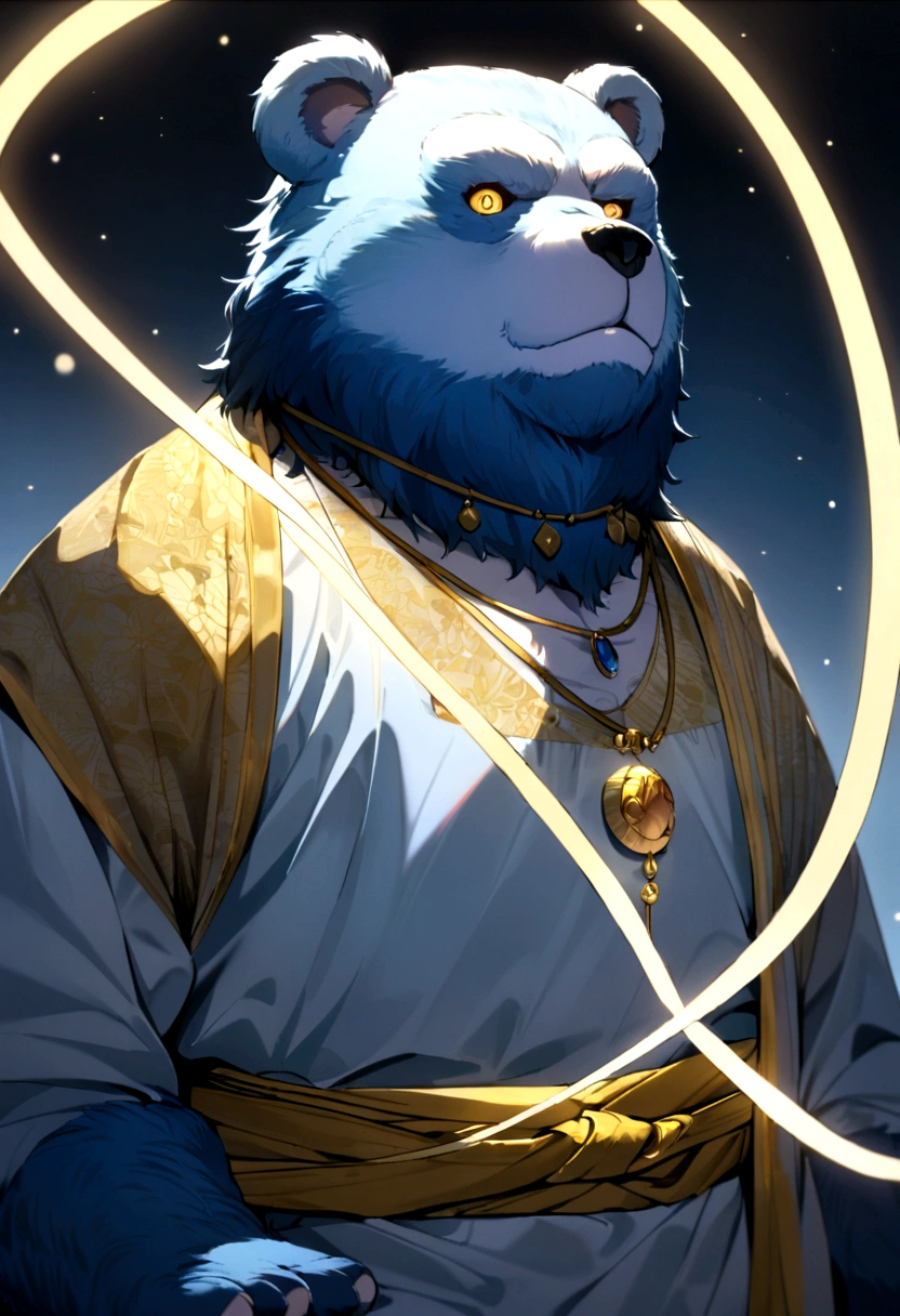 A bear have light blue fur with dark Dark blue beard with necklace The string is red and white and the part attached to the bottom of the string is a yellow circle, Wear a Light purple blue shirt There are two yellow belts underneath a white shirt, and wear Japanese-style underwear