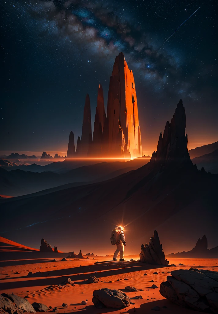 From a low angle, the camera captures an astronaut walking across the Martian landscape under a star-filled night sky. The scene begins with the foreground filled with scattered rocks and small stones, illuminated by the soft glow of the astronaut's helmet lights. The astronaut, positioned in the center of the composition, strides purposefully towards a stunning, colorful structure in the distance.

The structure, reminiscent of Martian architecture, stands out against the red-orange hue of the landscape, its intricate patterns and vibrant colors illuminated by subtle internal lighting. Behind the astronaut, jagged mountains rise majestically, their peaks etched against the backdrop of a starry cosmos.

Above, the night sky is a tapestry of stars and distant planets, casting a serene light over the scene. The atmosphere is quiet and otherworldly, with the only sound being the astronaut's steady footsteps on the rocky terrain. The composition conveys a sense of exploration and discovery, capturing the essence of humanity's journey into the unknown depths of the Martian night