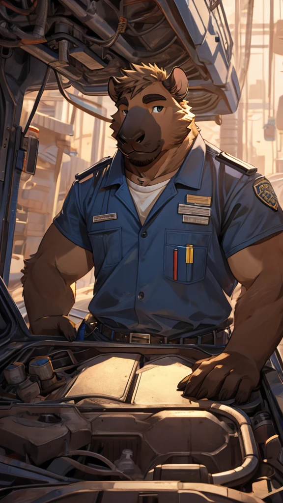 A male furry capybara, about 25 years old, not big but has a marked body, he works as a mechanic