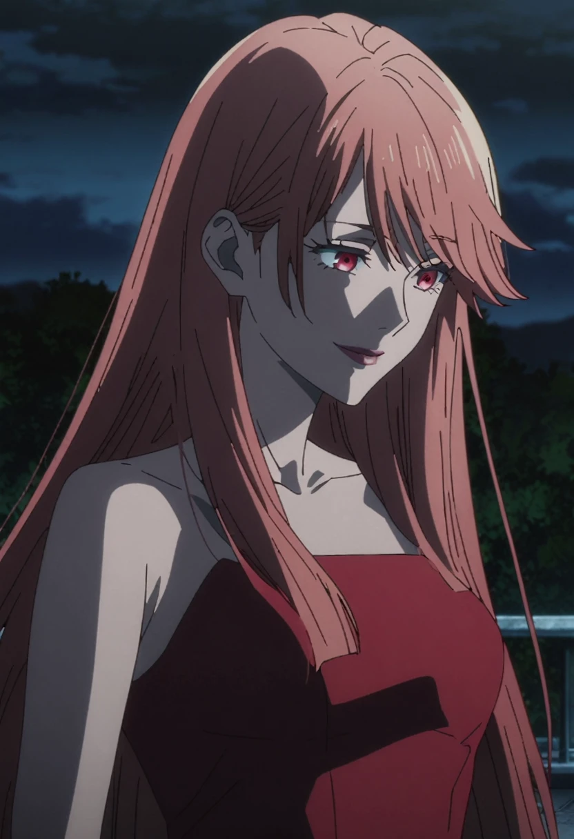 1girl, female gojo satoru, anime screencap from jujutsu kaisen, gojo satoru female version, solo, very long straight red_hair, ((smooth texture hair)) Red eyes ((very long red_hair)), night view, breasts, upper_body, smile, bangs, Red_eyes, lips, () (( very long straight hair, swept bangs)) wearing red color party dress, bare shoulder , collarbone, breast, "very detailed and high resolution" (Red eyes) ((solo)) ((high resolution)) (Good quality)